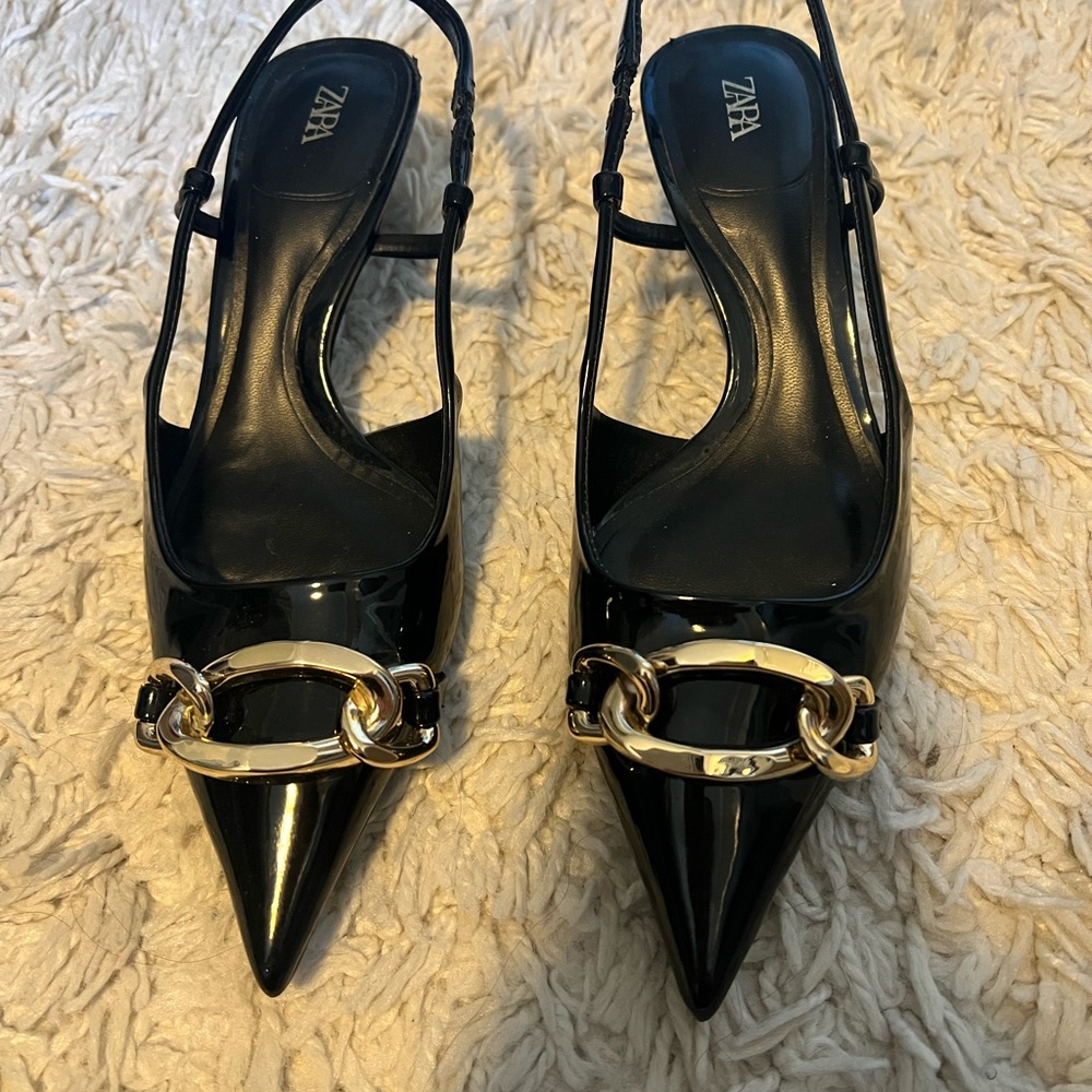 Zara Black Slingback Heels with Gold Accent
